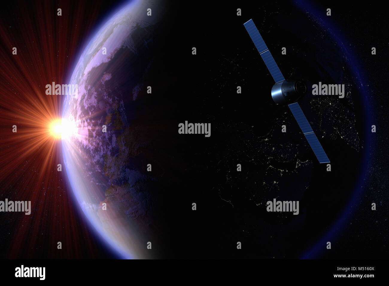 Le rendu 3D d'un satellite en orbite autour de la terre Banque D'Images