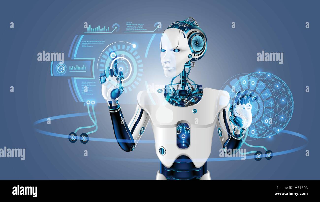 Organisme cybernétique robot fonctionne avec une interface HUD virtuel en réalité augmentée. Robot humanoïde avec une face plastique appuie sur le bouton de la digita Illustration de Vecteur