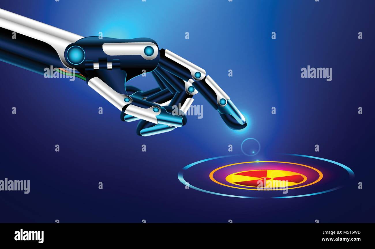 Le bras du robot appuie sur l'index sur le bouton avec l'icône du danger nucléaire. concept futuriste. Régler les bras de robot. Illustration de Vecteur