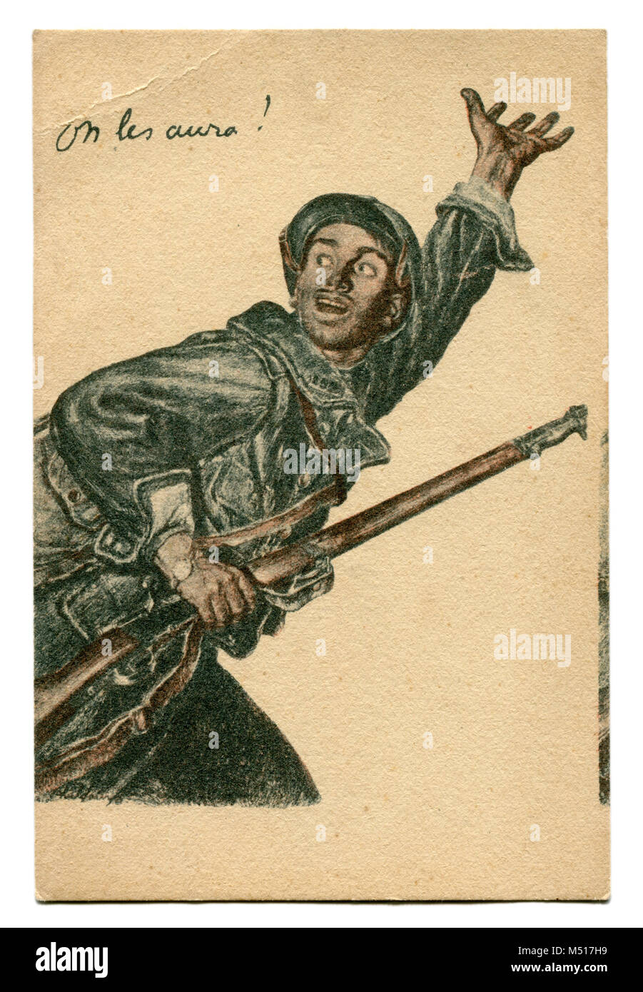 Ancienne carte postale de propagande française : un brave homme avec une carabine appelant pour lui à l'avant. Affiche de recrutement. La première guerre mondiale 1914-1918, la France, l'Entente. Banque D'Images