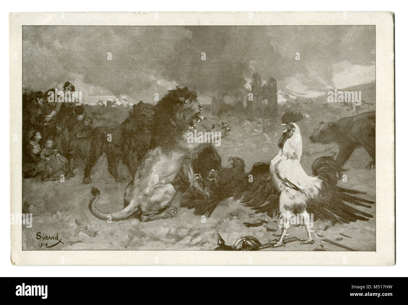 Ancienne carte postale française : Symbolisme : l'Union de l'Entente : Angleterre (lion), la France (coq), la Russie (l'ours) et la Belgique la défaite de l'Allemagne (aigle). Guerre WW1 Banque D'Images
