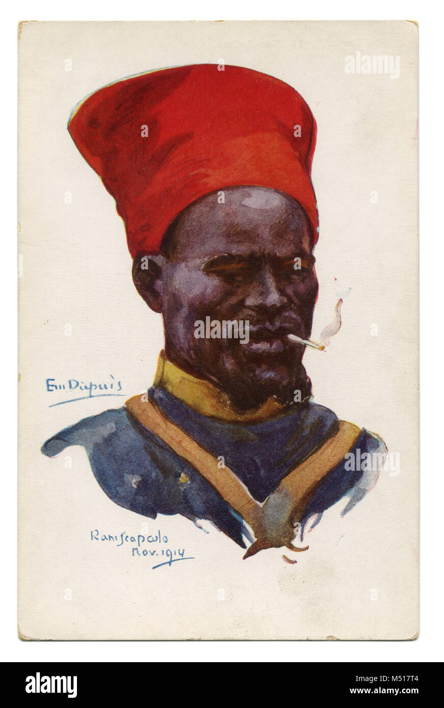 Ancienne carte postale française tireur sénégalais dans les troupes coloniales traditionnelles rouge hat cigarette. La première guerre mondiale de 1914-1918, du Sénégal, de la France Banque D'Images