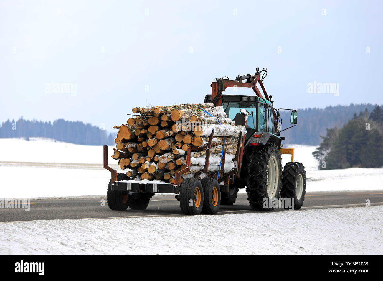Tracteur de ferme en bois de sciage pour neige transporte du bois sur remorque forestière le long de la route en hiver. Banque D'Images