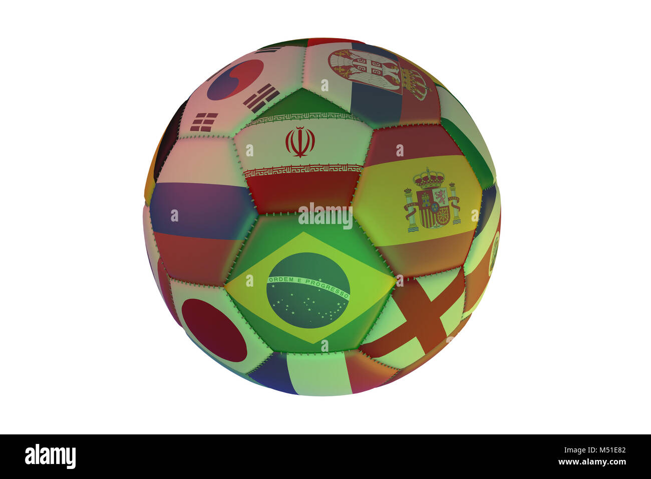 Football réaliste isolés avec des drapeaux de pays participant à la Coupe du Monde 2018, dans le centre de l'Espagne, le Brésil, l'Iran, l'Angleterre, la Russie et Jap Banque D'Images