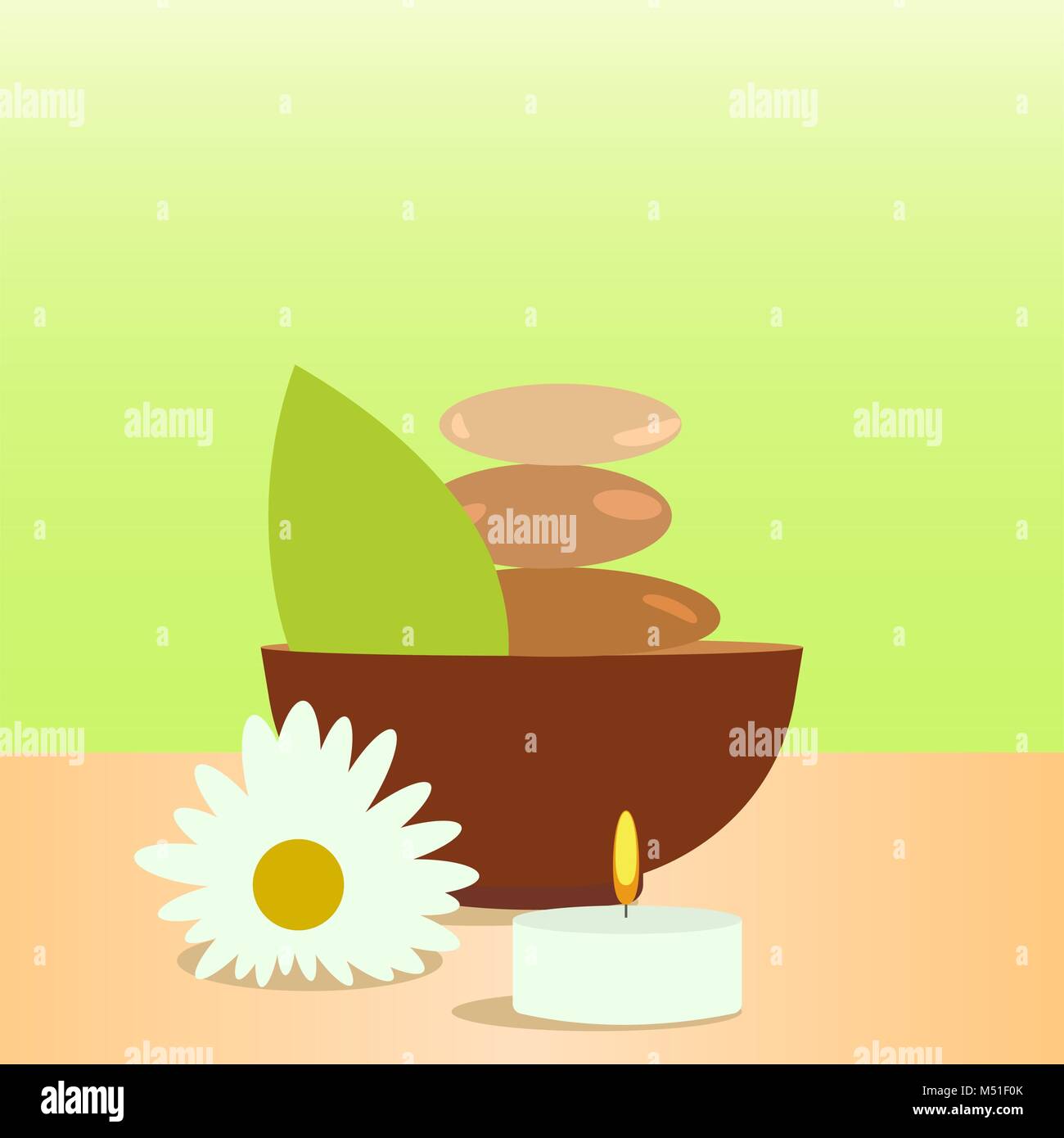 Espace Spa et bien-être l'illustration isolé colorés avec des pierres chaudes, des bougies, des fleurs tropicales. Spa et Relaxation Illustration de Vecteur