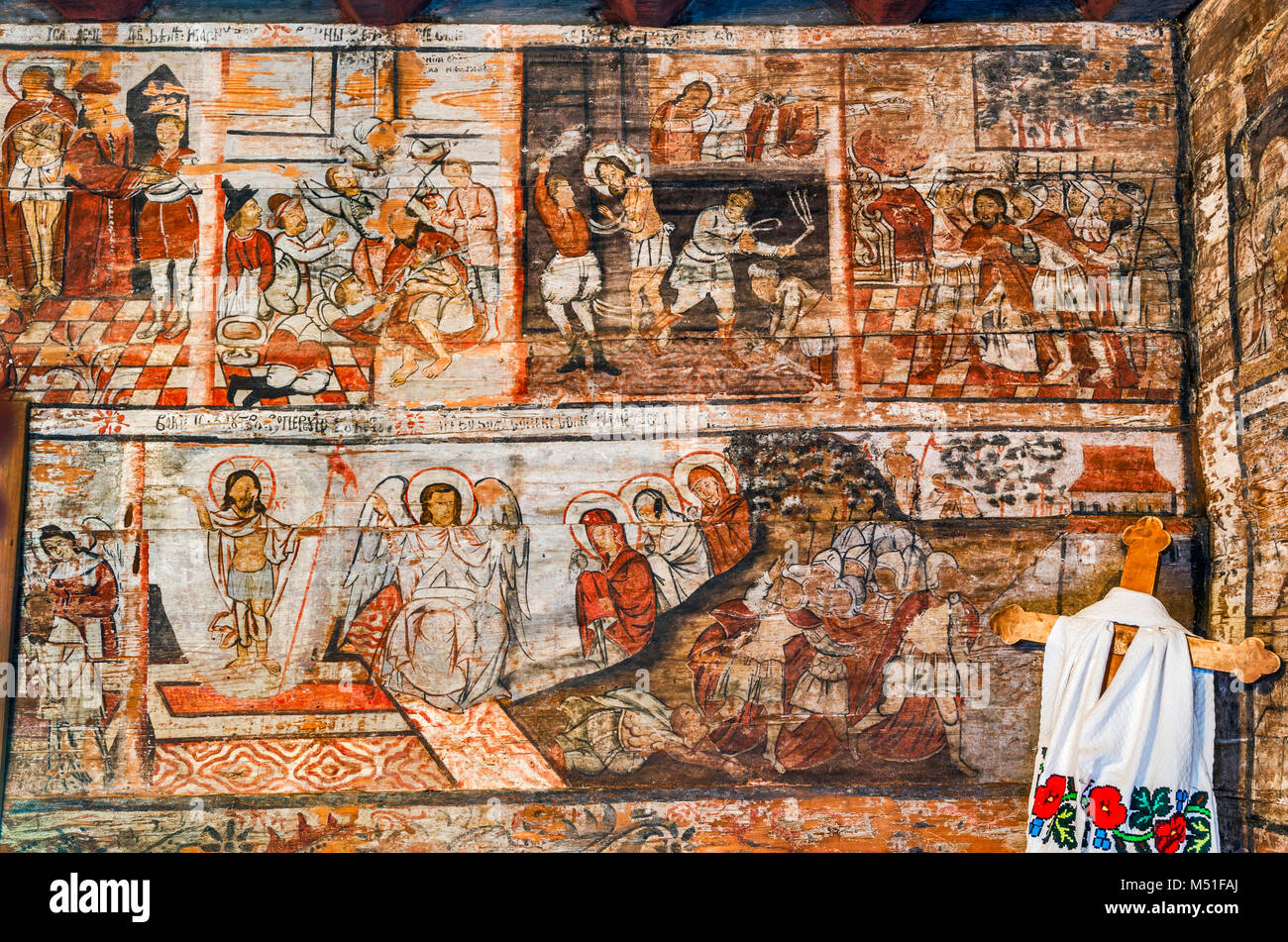 Les peintures murales à l'église St Nicholas à Budesti Josani (en bas), Budesti Eglise orthodoxe roumaine, 1643, village de Budesti, Maramures, Roumanie Banque D'Images
