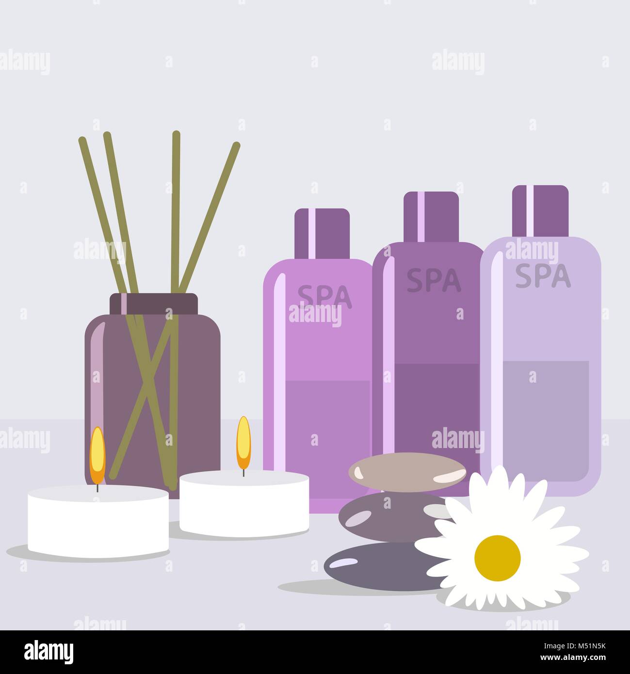 Illustration vectorielle, fixés pour les soins de spa avec sel aromatique , Huile de massage, des bougies pour l'affiche de publicité salon spa. Illustration de Vecteur