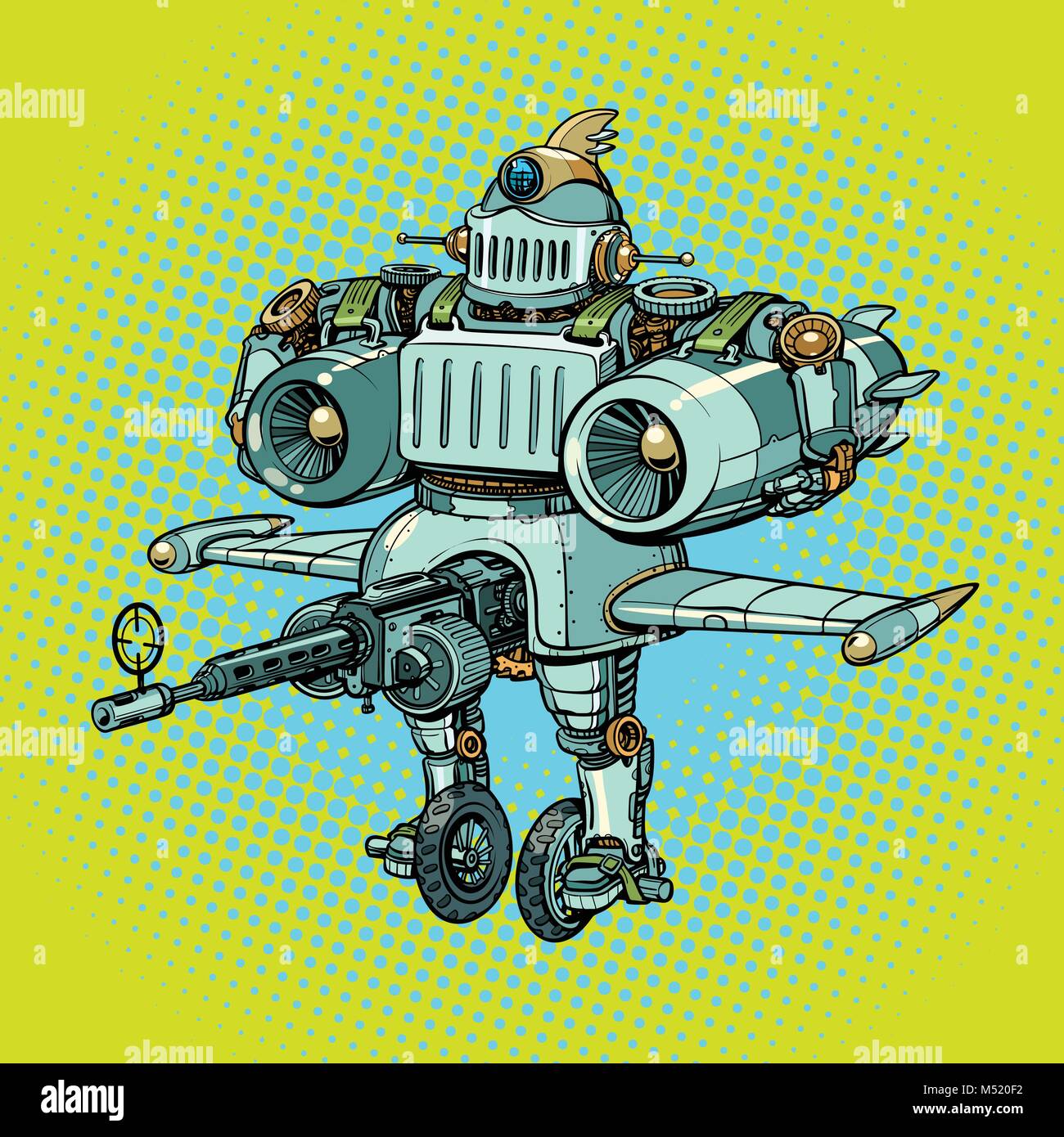 Drôle ridicule bataille robot militaire dans le style rétro Illustration de Vecteur