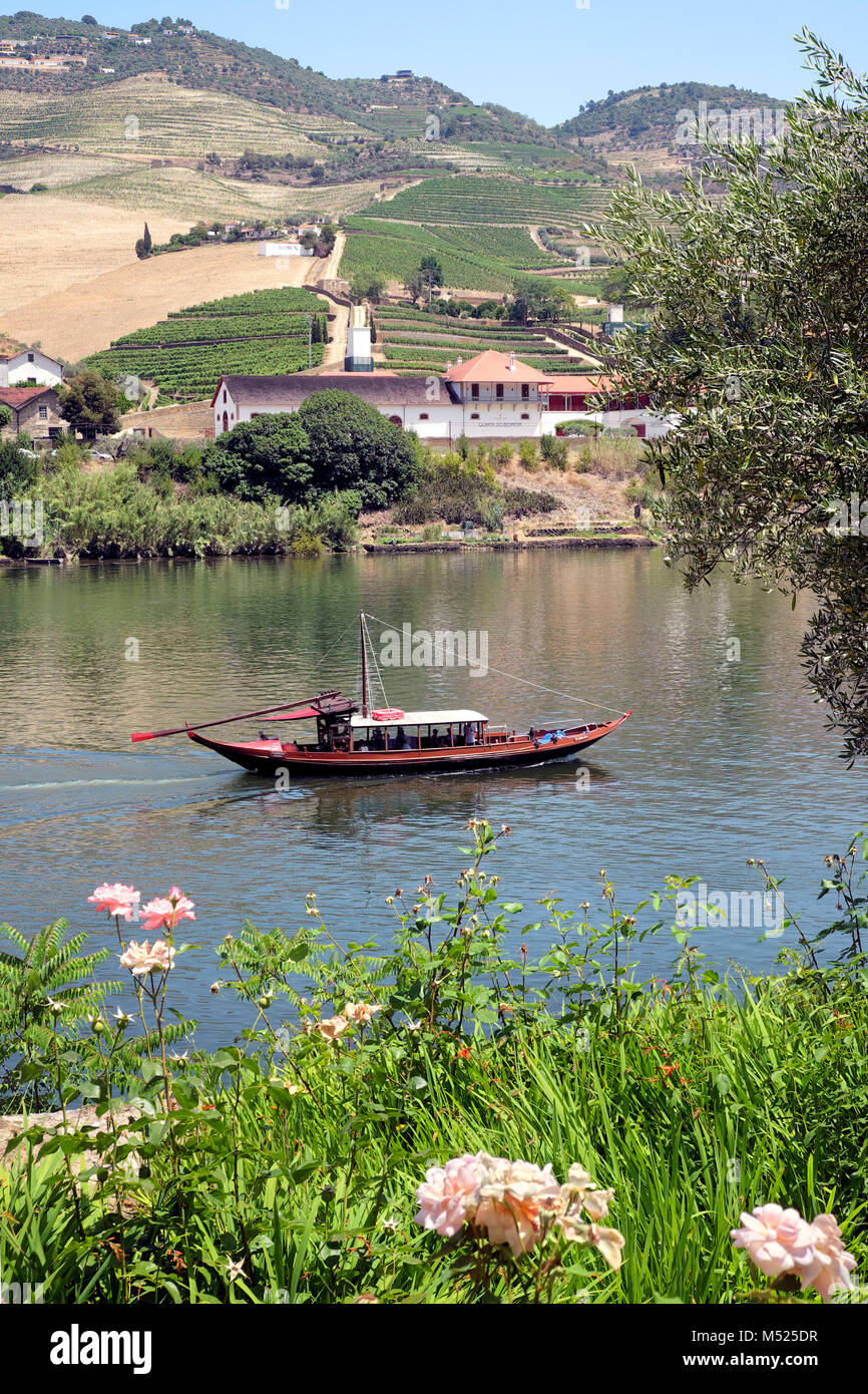 Excursion en bateau rabelo dans la région viticole du Haut-Douro (avec Quinta do Bomfim domaine i l'arrière-plan), Pinhão, Portugal, Europe Banque D'Images