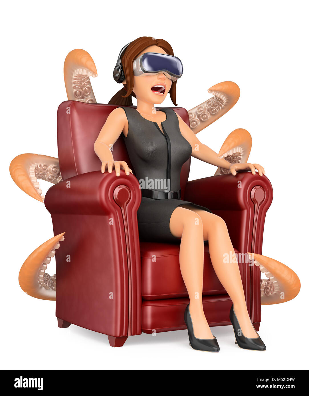 Les gens d'affaires 3d illustration. Businesswoman regardant un film effrayant avec des lunettes de réalité virtuelle. Isolé sur fond blanc. Banque D'Images