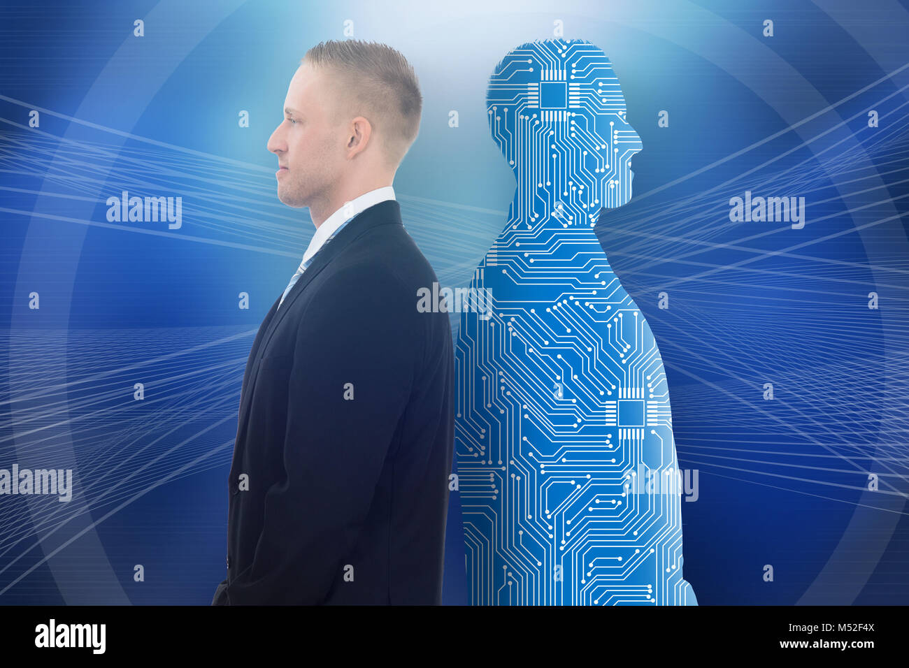Close-up of a businessman standing Back To Back contre généré numérique Figure humaine Banque D'Images