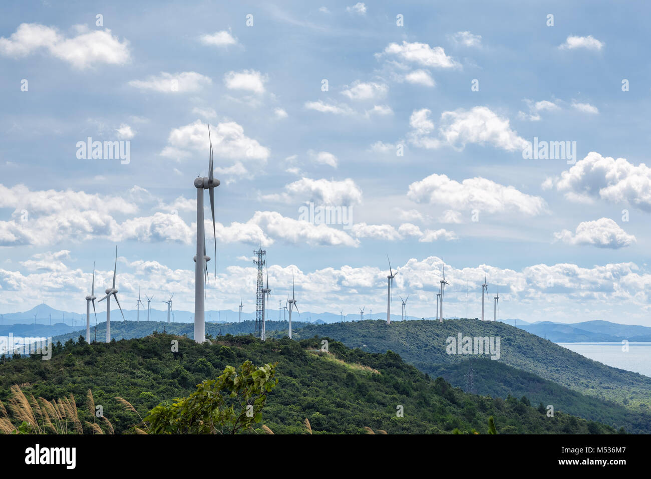 Ferme éolienne contre un ciel ensoleillé Banque D'Images Ferme éolienne contre un ciel ensoleillé Banque D'Images