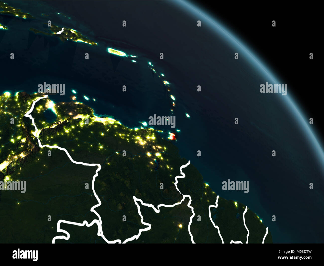 Caraïbes à partir de l'orbite de la planète Terre de nuit avec des frontières visibles et les lumières de la ville. 3D illustration. Éléments de cette image fournie par la NASA. Banque D'Images
