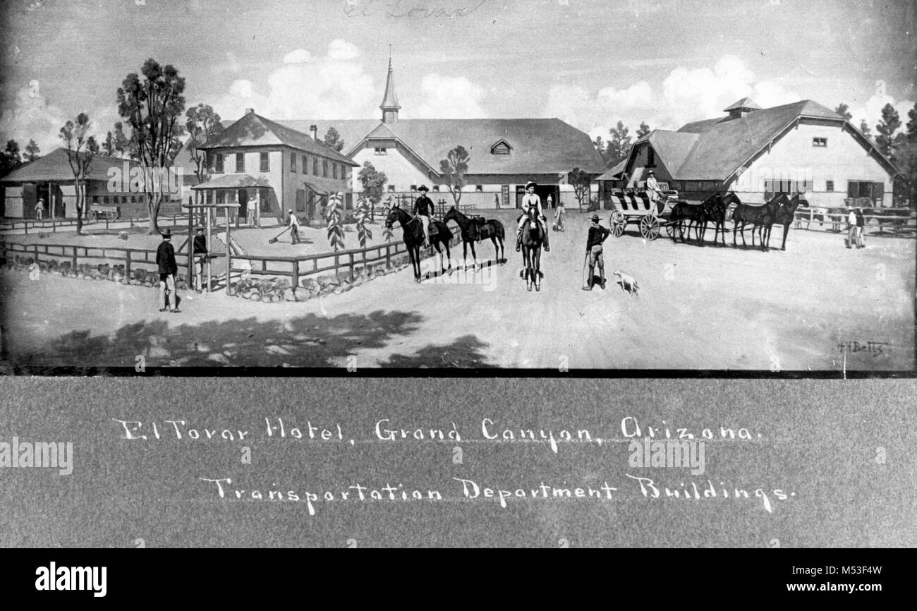 Le Parc National du Grand Canyon a proposé Livery Bâtiments (vers 1905) . La peinture de l'ARTISTE PROPOSÉ DE FRED HARVEY LIVERY SALON AU GRAND CANYON. MULE &AMP ; LIVERY STABLES. SADDLE SHOP, forgeron/ SHIRLEY HALL DORTOIR. Vers 1905. FRED HARVEY CO. L'écurie a été construit en 1906 avec l'étable et la mule de selle/Blacksmith Shop pour servir le El Tovar Hôtel. Collectivement connus sous le nom de El Tovar Stables, ces trois bâtiments ont été conçus par le personnel de la Fred Harvey Company dans le style artisan. L'écurie a été conçue pour accueillir des chevaux et des chariots utilisés pour donner aux visiteurs des visites de la Sout Banque D'Images