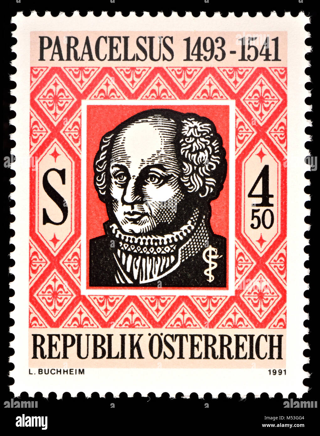 Timbre autrichien (1991) : Paracelse (1493-1541 : né Théophraste von Hohenheim) Swiss médecin, alchimiste, astrologue et de l'Allemand Re... Banque D'Images