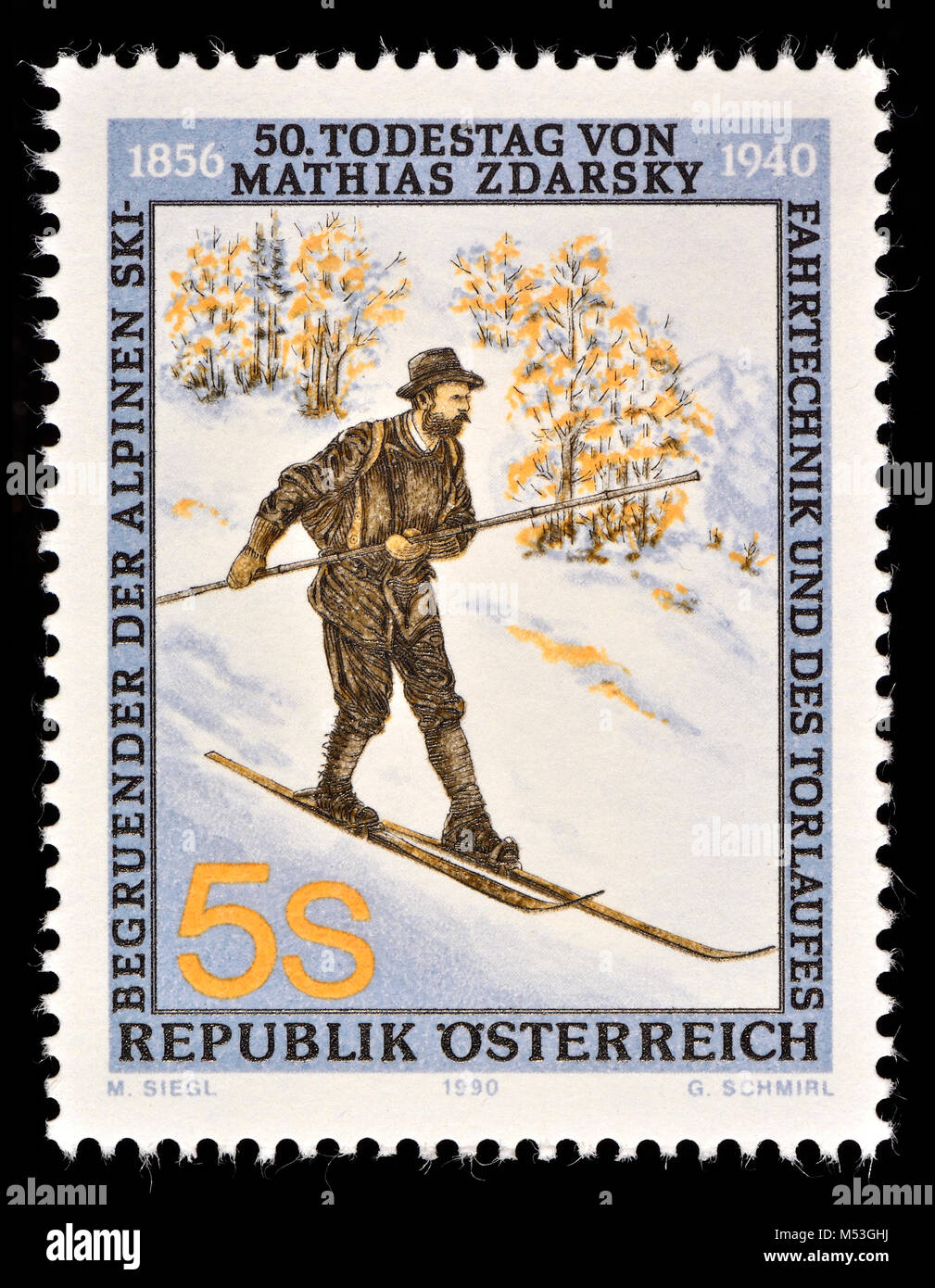 Timbre autrichien (1990) : Mathias Zdarsky (1856-1940) début pionnier de ski et considéré comme l'un des fondateurs de la technique de ski alpin moderne. Au Banque D'Images