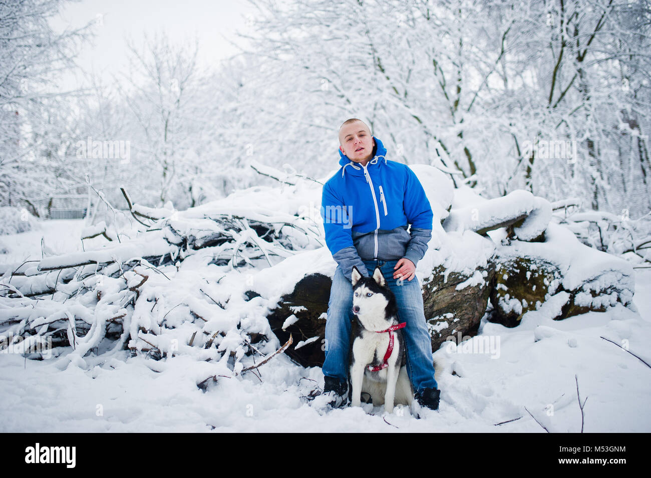 Homme avec chien husky au parc enneigé en hiver. Banque D'Images Homme avec chien husky au parc enneigé en hiver. Banque D'Images