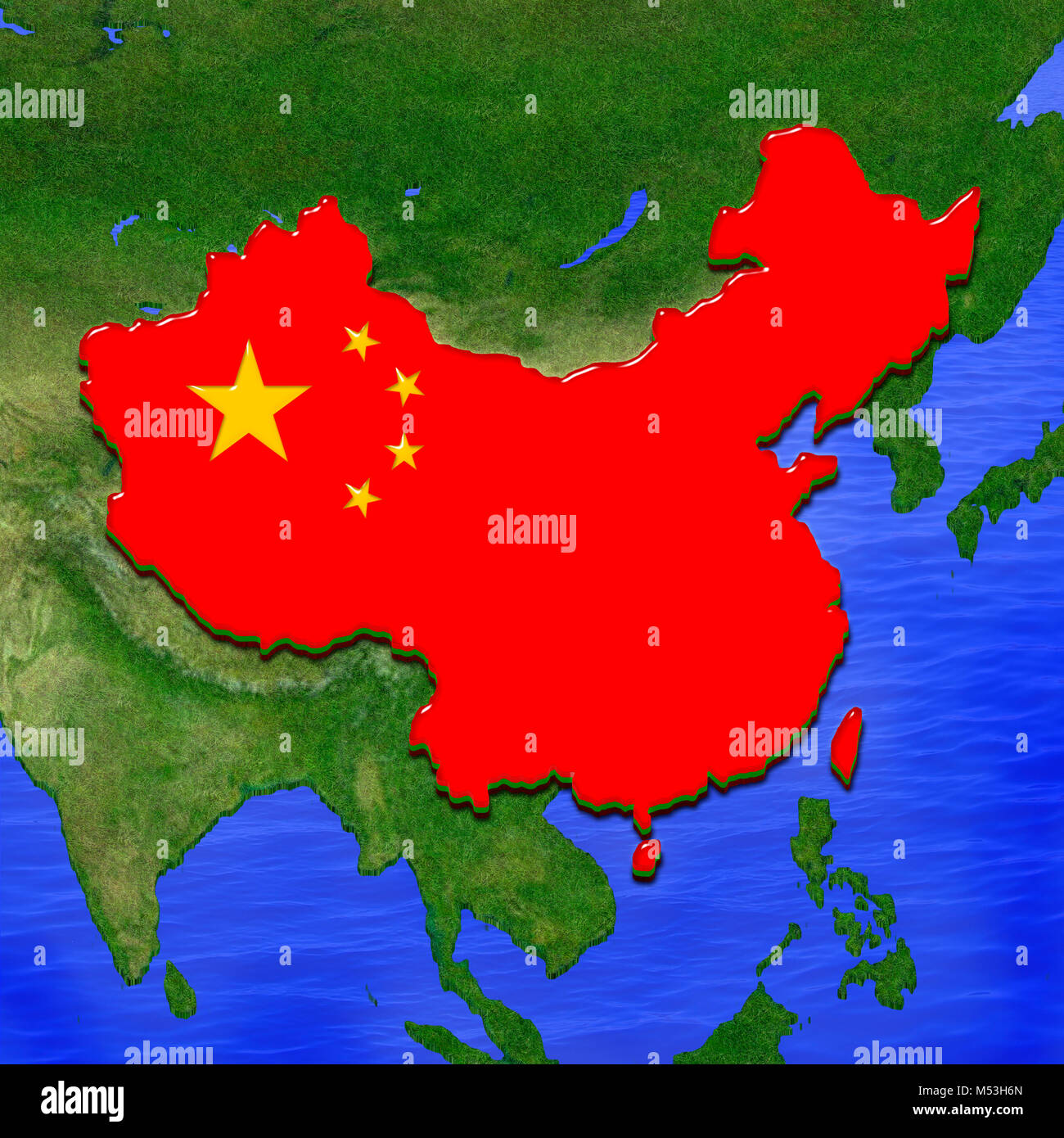 3D de la carte de Chine peint aux couleurs du drapeau chinois, entouré de terre et mer arrière-plan. Illustration de tarte de gelée stylisé Banque D'Images