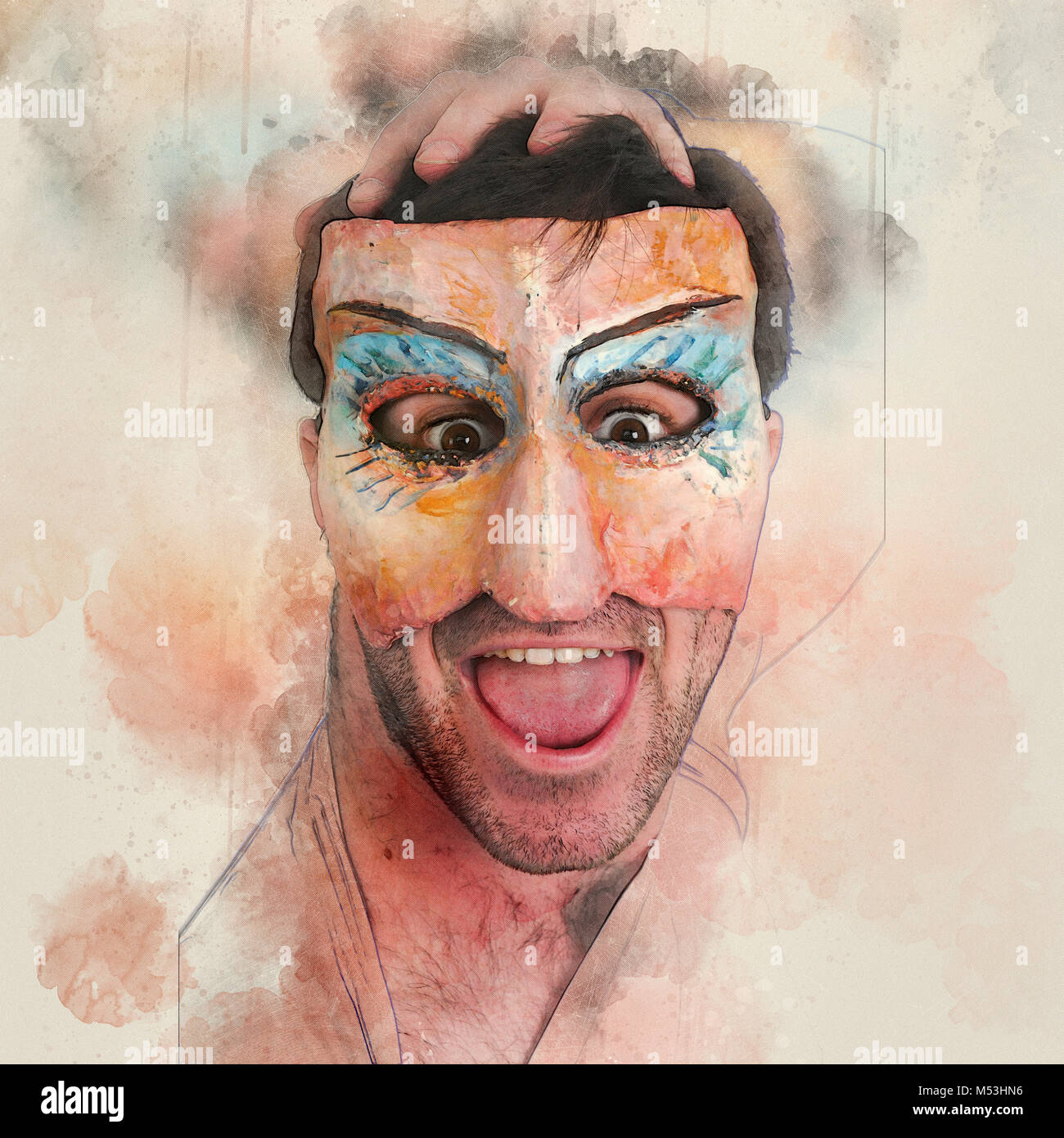 Amélioration de l'image numérique d'un acteur masqué dans un théâtre physique Banque D'Images