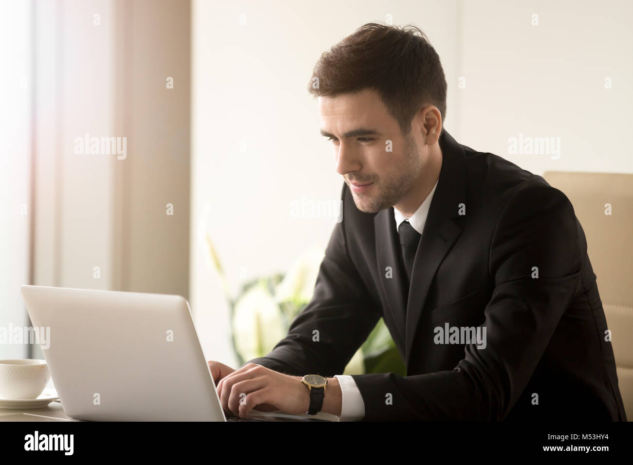 Male office worker working on laptop in office Banque D'Images