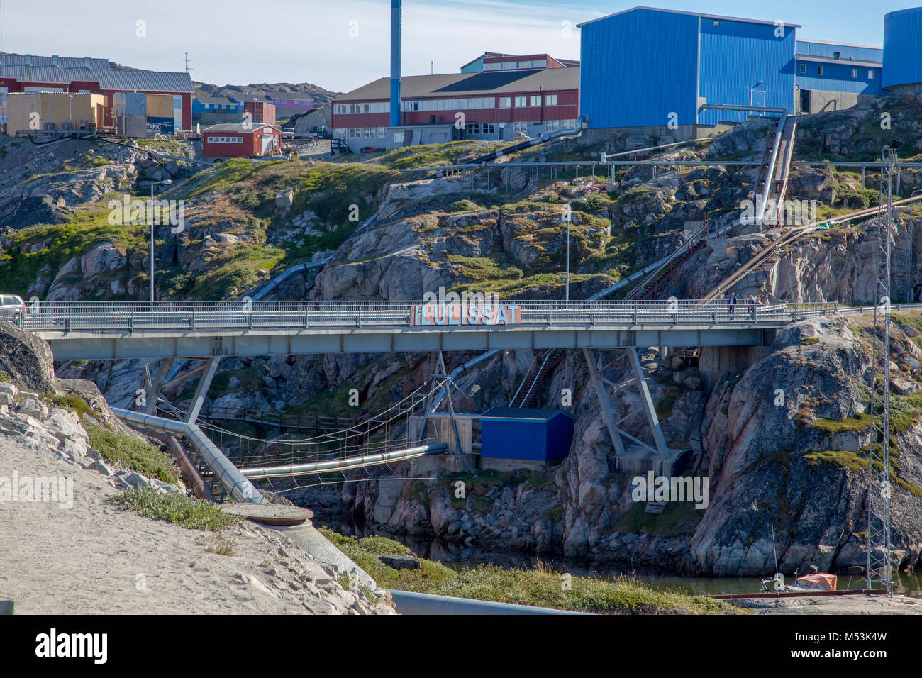 Un signe sur un pont annonçant la ville d'Ilulissat, Groenland Banque D'Images