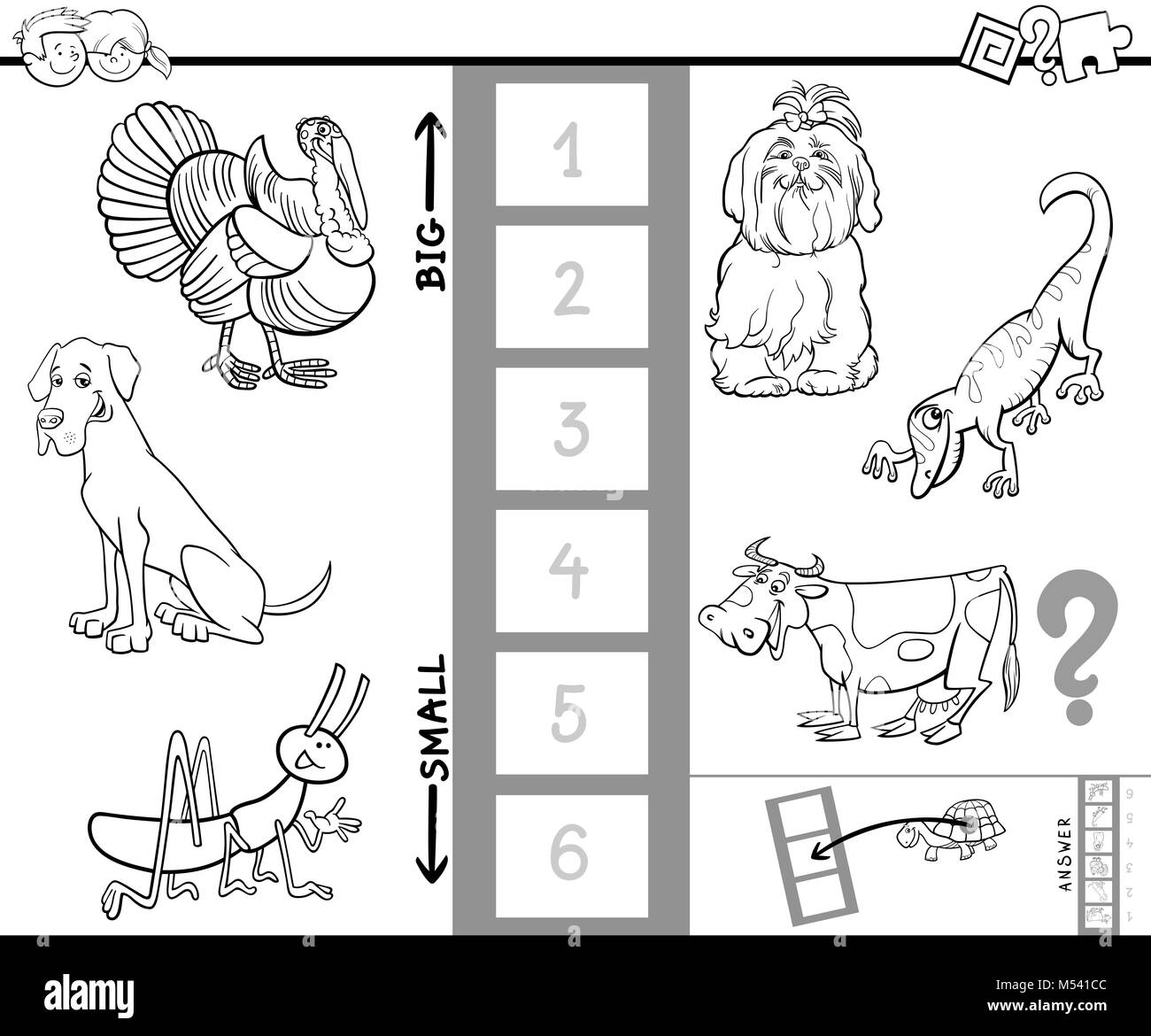 Trouver plus gros animal color activité livre Banque D'Images