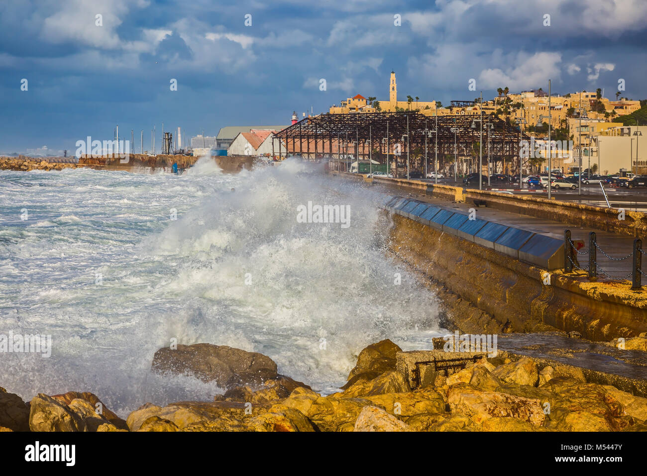 D'énormes vagues écumeuses lutte sur la côte Banque D'Images