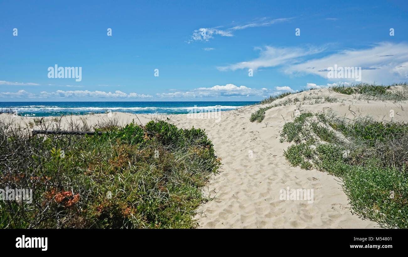 Plage de sable fin la voie menant à la mer avec bleu ciel nuageux au-dessus. Banque D'Images