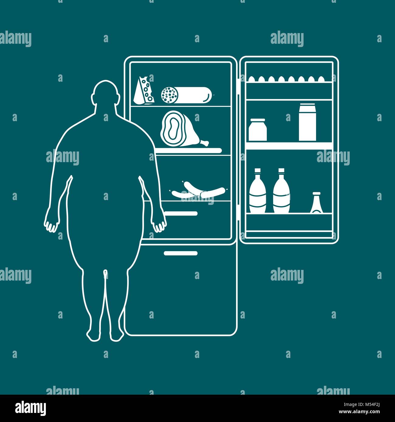 Fat Man est à l'un réfrigérateur plein de nourriture. Les habitudes alimentaires néfastes. Bannière pour la conception et l'impression. Illustration de Vecteur