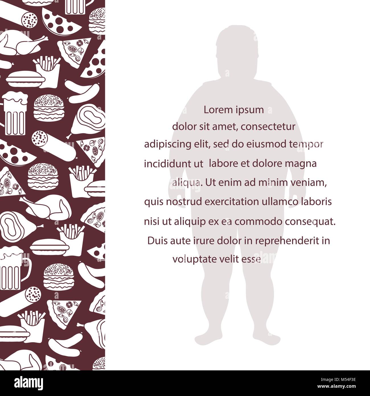 Fat Man avec mode de vie malsain des symboles. Les habitudes alimentaires néfastes. Bannière pour la conception et l'impression. Illustration de Vecteur