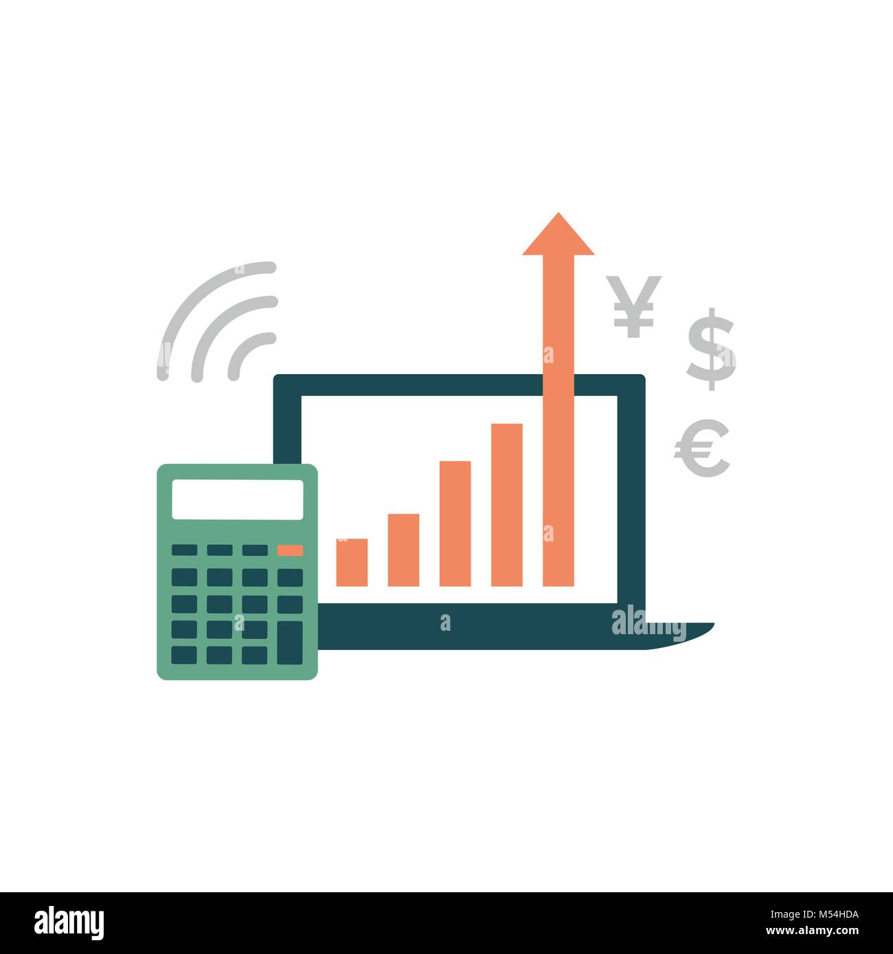 Ordinateur portable avec tableau financier réussi et calculatrice, Finances et placements fructueux concept Illustration de Vecteur