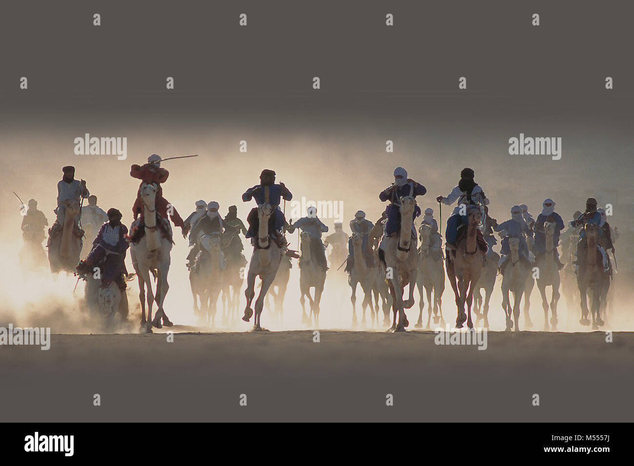 L'Algérie. Près de Tamanrasset. Désert du Sahara. Les hommes de tribu touareg dans la scène pendant la course de chameaux ou springfestival TAFSIT. Banque D'Images