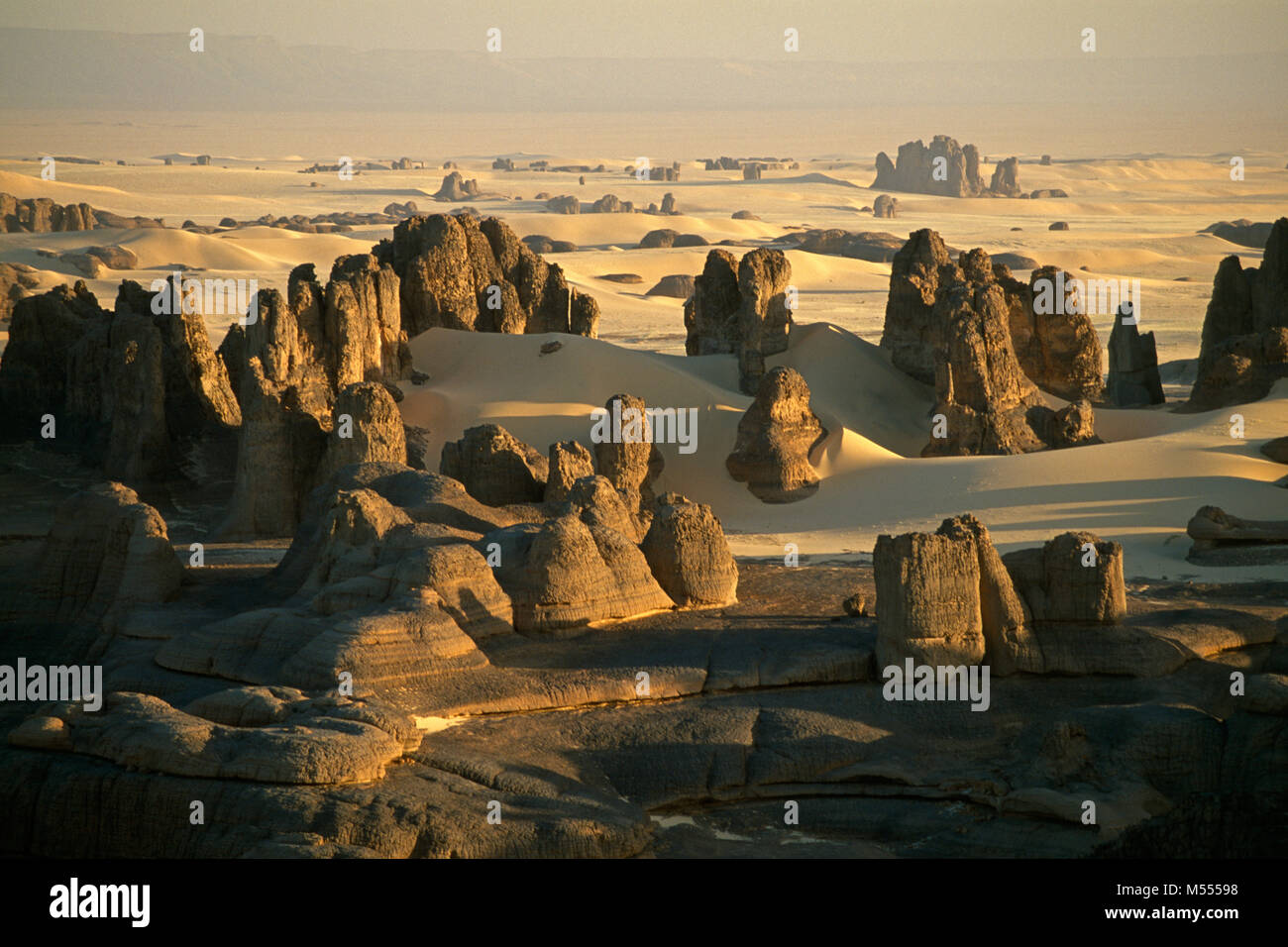 L'Algérie. Près de Tamanrasset. Le Tassili du Hoggar. Désert du Sahara.  Paysage lunaire, dunes de sable et de rochers Photo Stock - Alamy