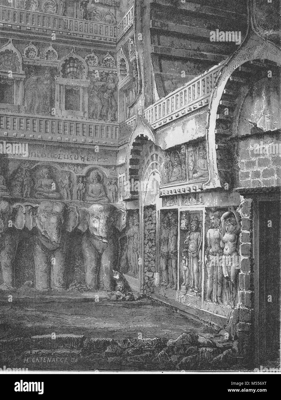 L'Inde. Bas-relief, passerelle de Karli, antique print 1878 Banque D'Images