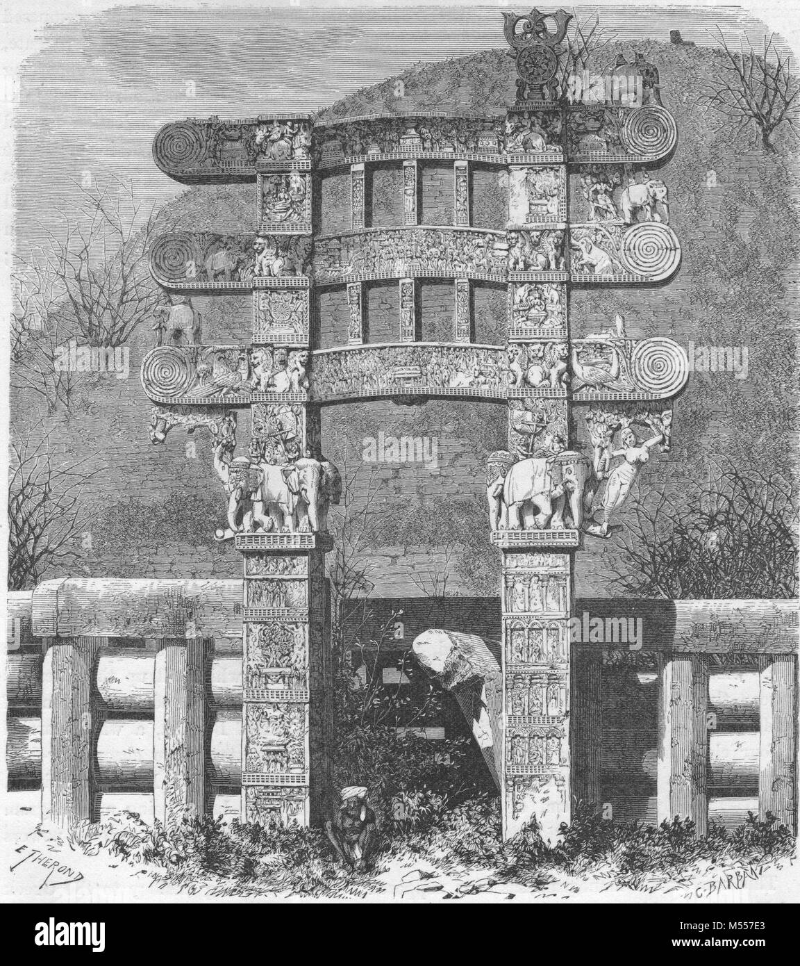 L'Inde. Porte est du Grand Stupa de Sanchi, gravure antique 1878 Banque D'Images