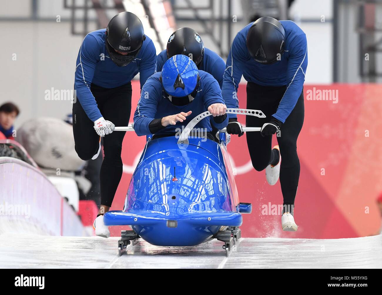 Pyeongchang, Corée du Sud. Feb 20, 2018. Les Français (fra) Traîneau de Loic Costerg (pilote), Vincent Castell, Dorian Hauterville et Vincent Ricard bob à 4 de la formation. Centre des sports de glisse olympique. Alpensia. Jeux Olympiques d'hiver de Pyeongchang 2018. République de Corée. 20/02/2018. Credit : Sport en images/Alamy Live News Banque D'Images