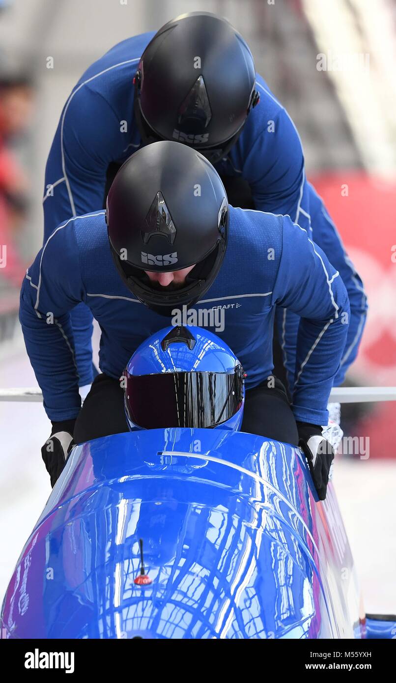 Pyeongchang, Corée du Sud. Feb 20, 2018. Les Français (fra) Traîneau de Loic Costerg (pilote), Vincent Castell, Dorian Hauterville et Vincent Ricard bob à 4 de la formation. Centre des sports de glisse olympique. Alpensia. Jeux Olympiques d'hiver de Pyeongchang 2018. République de Corée. 20/02/2018. Credit : Sport en images/Alamy Live News Banque D'Images