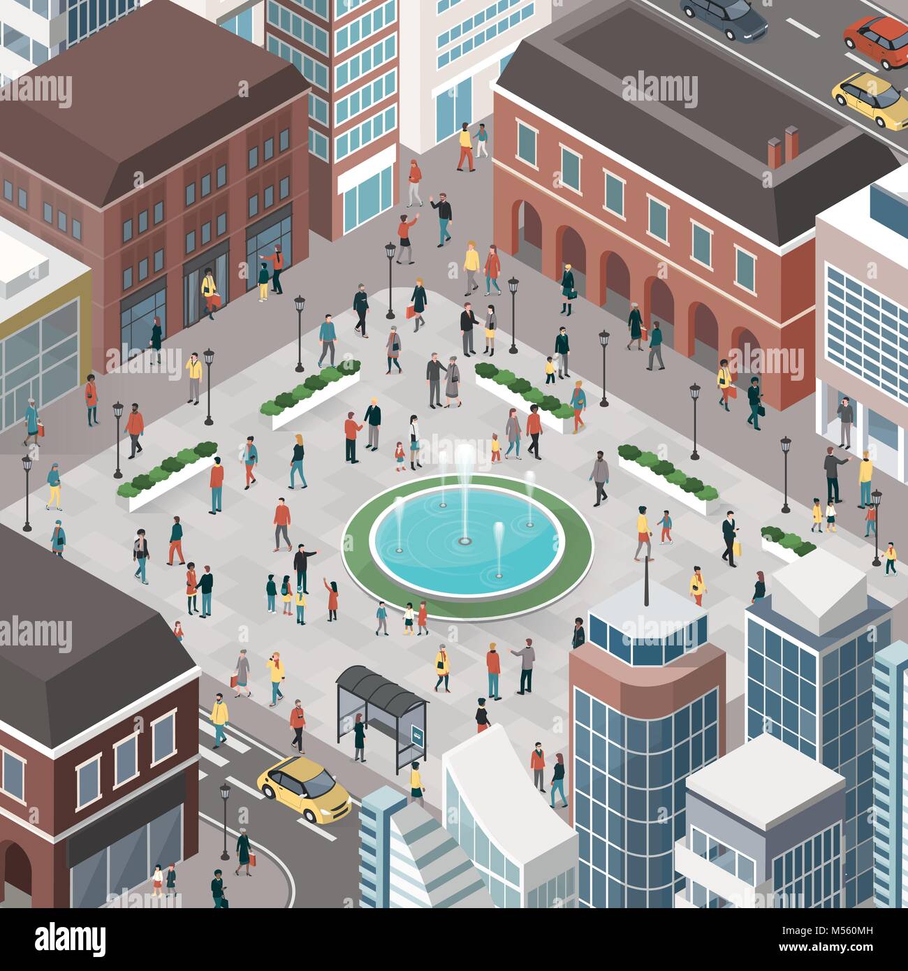 Les gens dans la ville à pied, rencontrer des amis et des commerces, vue du dessus Illustration de Vecteur