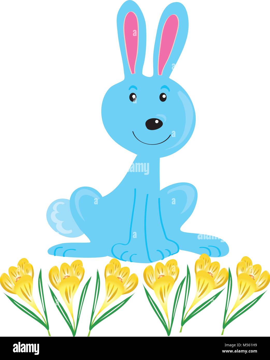 Lapin buuny bleu avec fleurs crocus jaune d'or Illustration de Vecteur