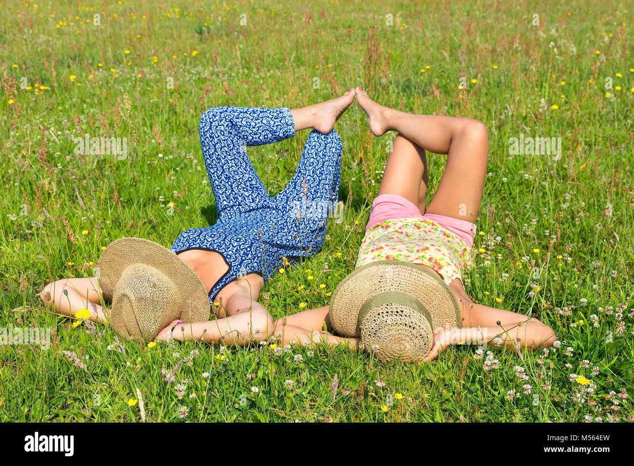 Deux amis lying together in meadow Banque D'Images