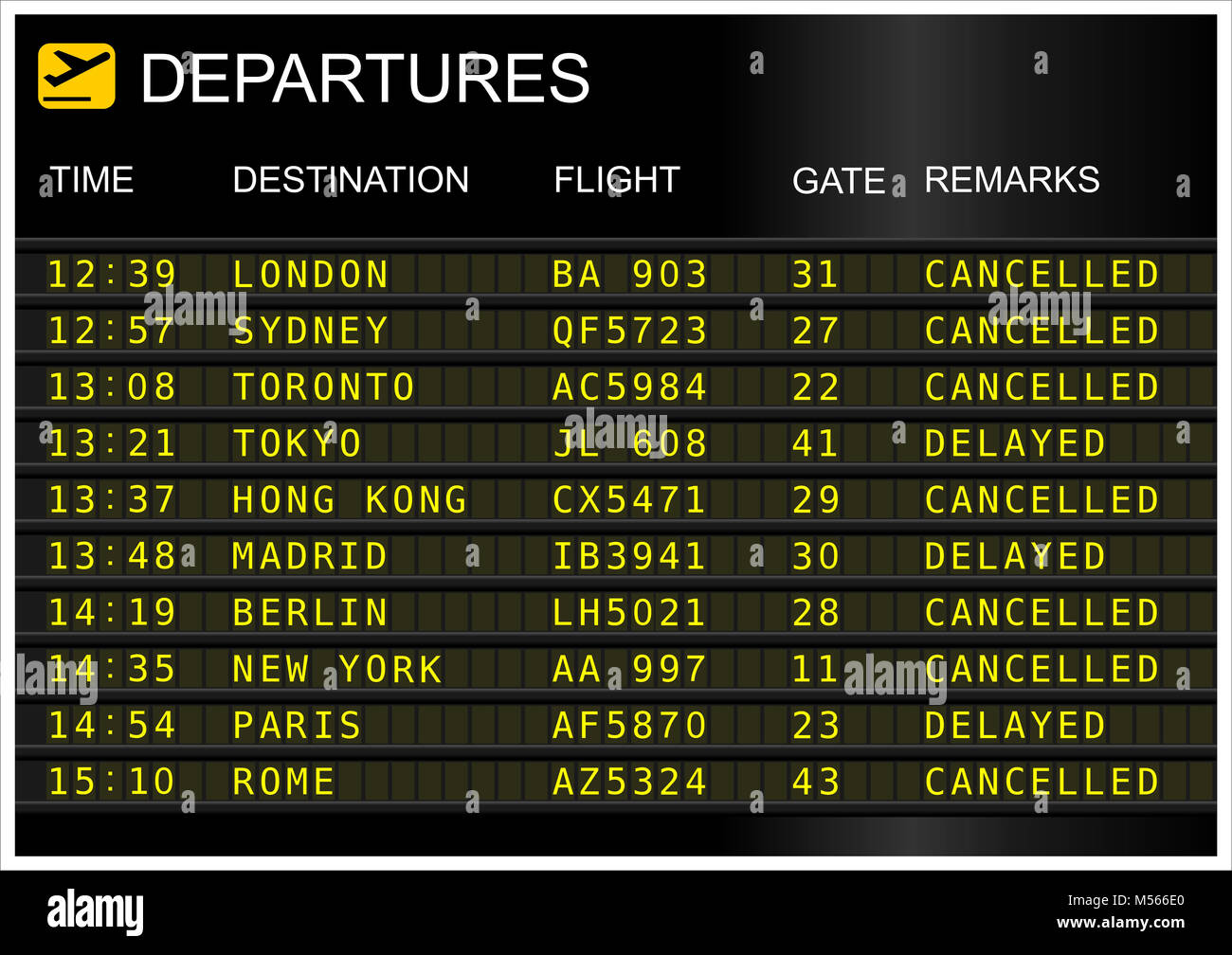 Les départs des vols a isolé sur fond blanc. Vol retardé et annulé Banque D'Images