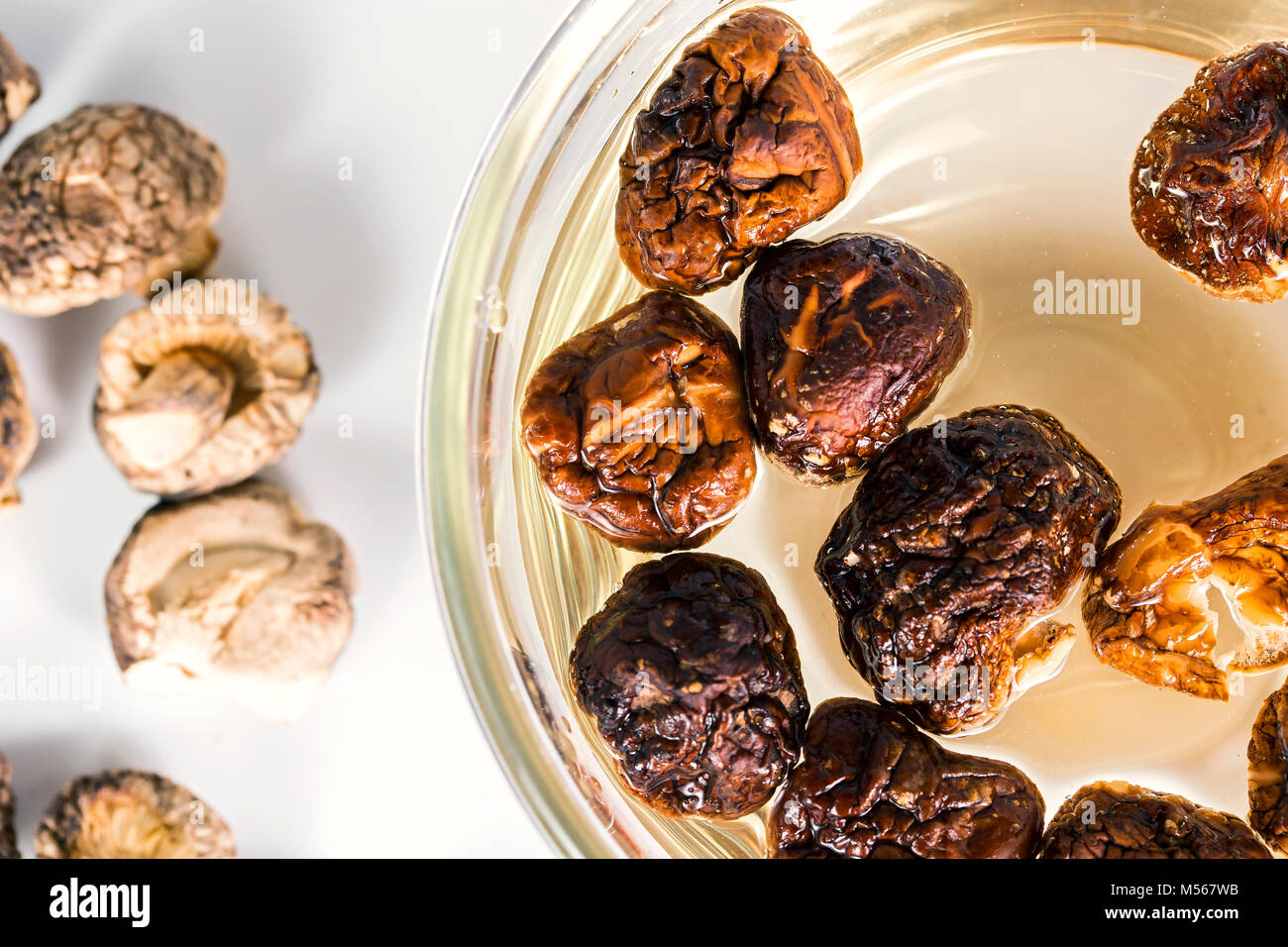 Shiitake sec et humide entre .Fermer jusqu'en haut bol. Banque D'Images