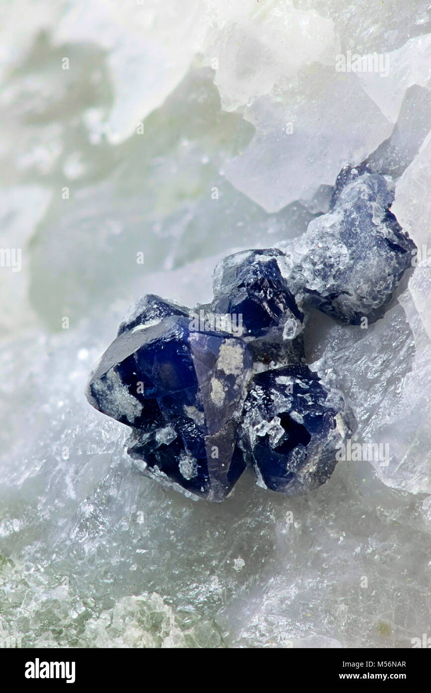Cristaux de spinelle bleu sur calcite de Mustio matrice calcaire, Finlande Banque D'Images
