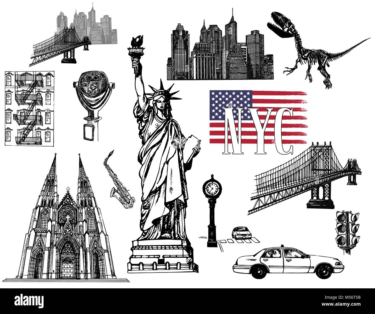 Ensemble de croquis dessinés à la main, sur le thème de style New York objets isolés. Vector illustration. Illustration de Vecteur