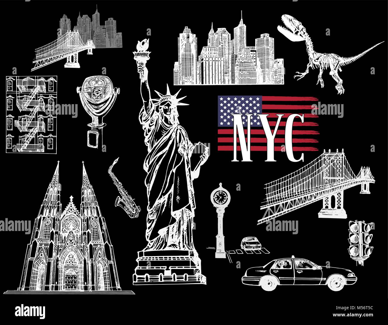 Ensemble de croquis dessinés à la main, sur le thème de style New York objets isolés. Vector illustration. Illustration de Vecteur