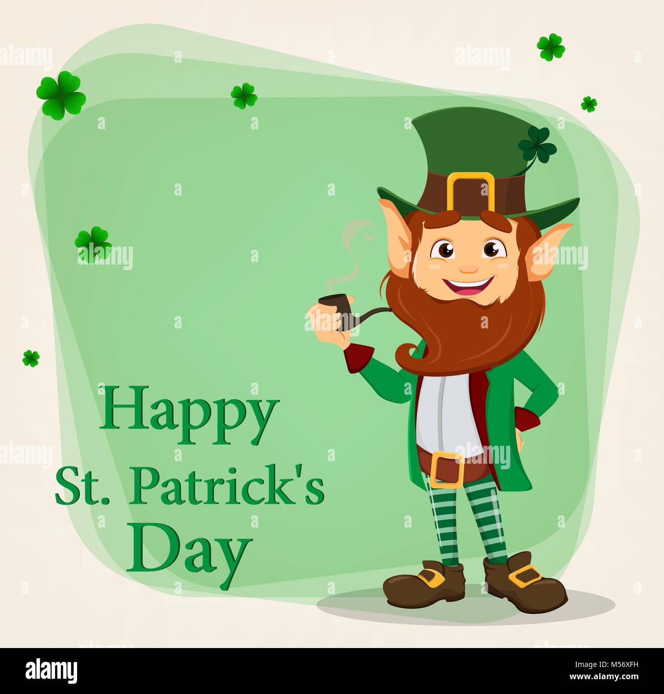 Happy Saint Patrick's Day. Caractère avec chapeau vert. Cartoon funny leprechaun holding pipe. Vector illustration à fond avec les trèfles Illustration de Vecteur