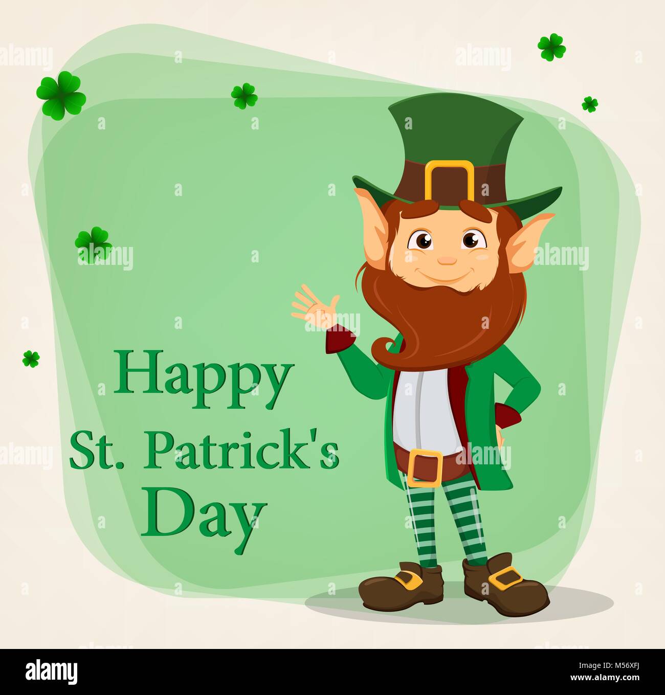Happy Saint Patrick's Day. Caractère avec chapeau vert. Cartoon funny leprechaun agitant la main. Vector illustration à fond avec les trèfles Illustration de Vecteur