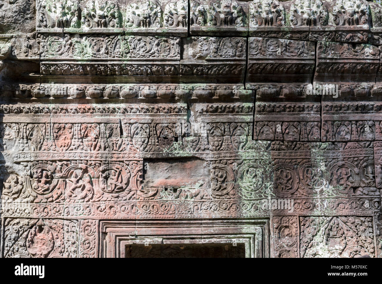 Bas-reliefs sur les murs de Ta Prohm temple jungle à Angkor, Cambodge Banque D'Images