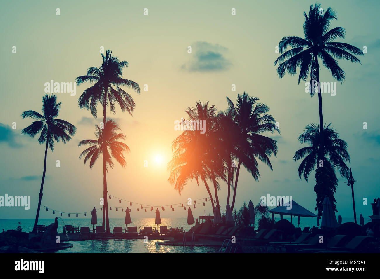 Silhouettes de palmiers sur une plage de la mer tropicaux au cours incroyable coucher du soleil. Banque D'Images