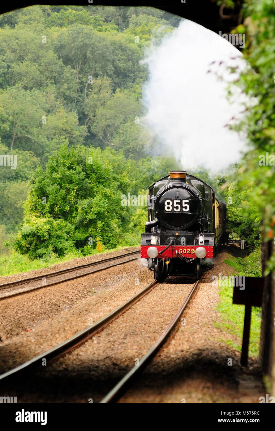 GWR loco n° 5029 le château Nunney s'approche de l'aqueduc de Kennett et Avon à Avoncliff, avec le Weymouth Seaside Express, le 29th août 2010. Banque D'Images